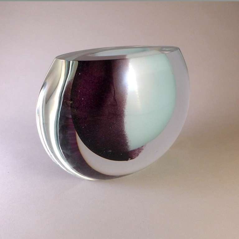 An Unusual Heavy Sommerso Glass Vase with an Aubergine and Opaque Mint Overlapping Centre Cased in Clear Glass