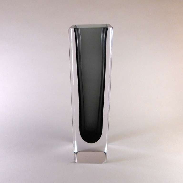 Square Murano Sommerso glass vase with a charcoal centre cased in clear glass.