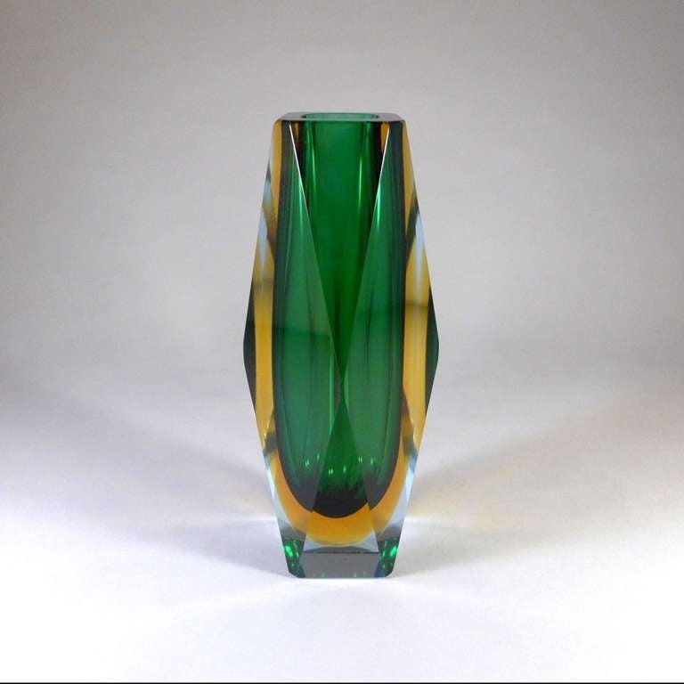 A Faceted Murano Sommerso Glass Vase with an Emerald and Gold Centre Cased in Blue Glass