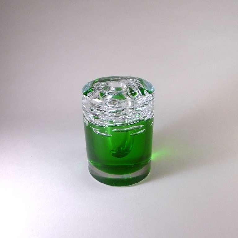 Unknown Heavy Green and Clear Fused Single Stem Glass Vase For Sale