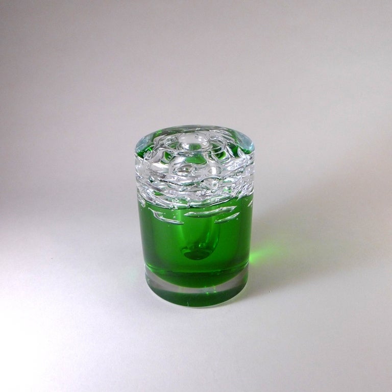 Heavy Green and Clear Fused Single Stem Glass Vase For Sale