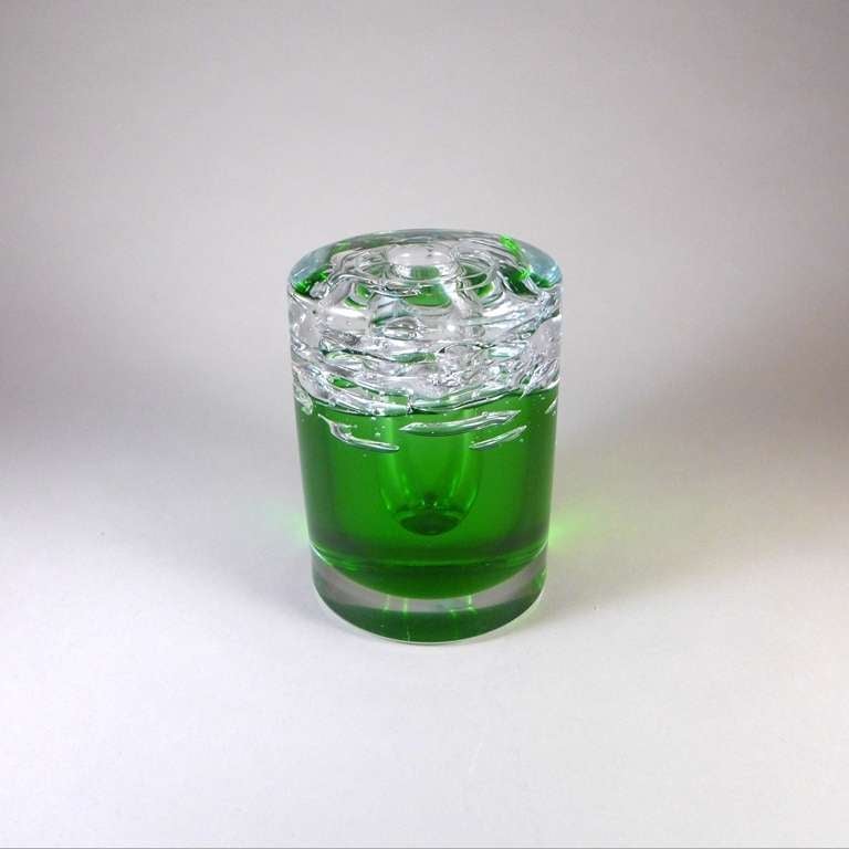Heavy Czech Skrdlovice designed green and clear fused single stem glass vase.