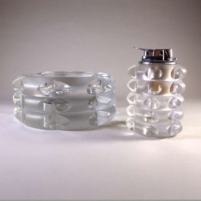 A Superb German Chunky Frosted and Clear Glass Smokers Set 

Ashtray: H:7.5cm D:16.5cm 

Lighter: H:11cm D:7cm