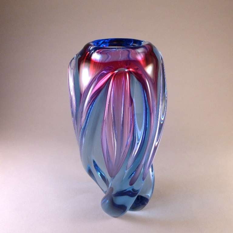 A Twisted Murano Sommerso Glass Vase with a Vibrant Pink Centre Cased in Blue Glass