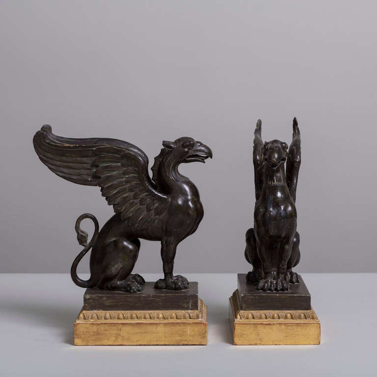 A Pair of Carved Wood Griffins on Gilt Bases from Gothenberg, Sweden c. 1800