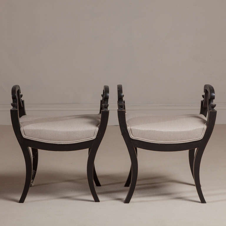 A Pair of Ebonised Framed Swedish Empire Stools circa 1900 In Excellent Condition In London, GB