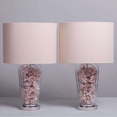 A Pair of Glass Cased Coral and Nickel Plated Table Lamps 1970s