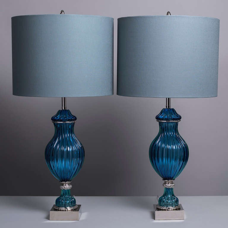 A Superb Pair of Seguso designed Blue Glass Table Lamps Created for Marbro on Nickel Plated Mounts 1960s, Talisman Edition