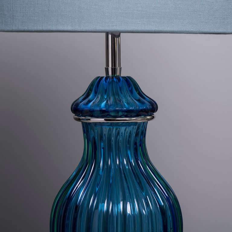 Italian A Pair of Seguso Blue Glass Lamps Created for Marbro 1960s