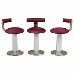 Set of Three Polished Steel Swivel Counter Stools, 1980s