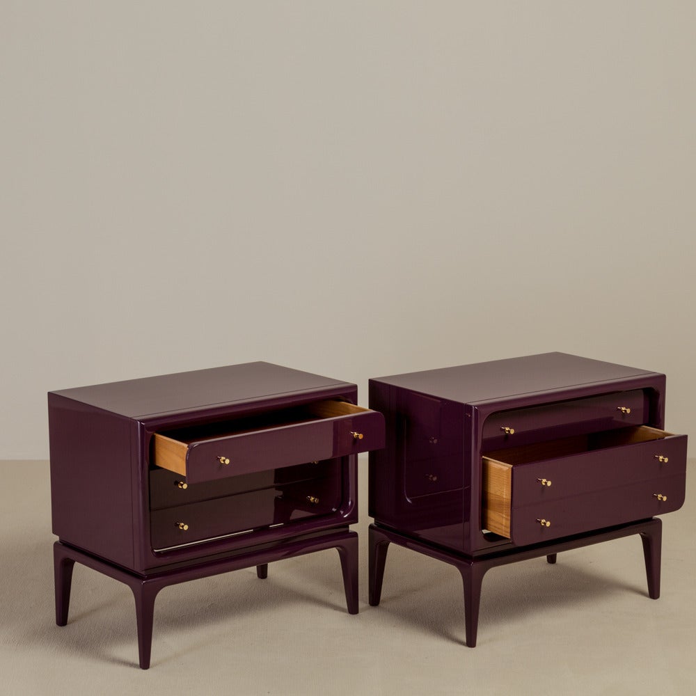 A Pair of Two-Drawer Aubergine Lacquered Side Cabinets with Brass Pulls 1960s, Talisman Edition