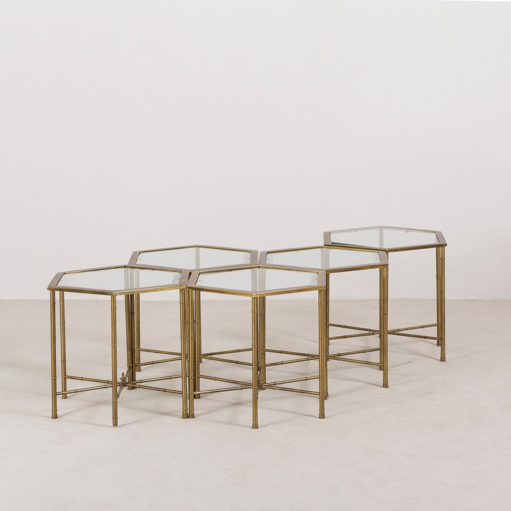 A Set of Five Mastercraft designed Hexagonal Brass and Glass Side Tables 1970s