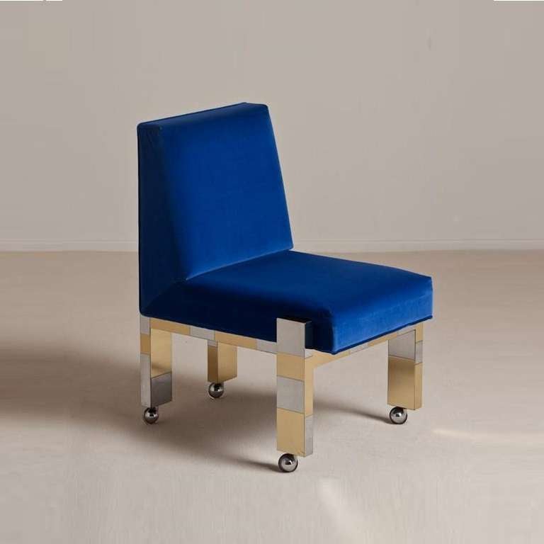 A Pair of Paul Evans designed Brass and Nickel Dining Chairs Model PE 243 from his Cityscape Collection USA dated 1975, Original Royal Blue Fabric and Label Underneath. Seat Height: 47cm