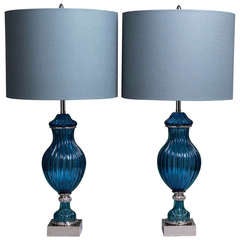 A Pair of Seguso Blue Glass Lamps Created for Marbro 1960s