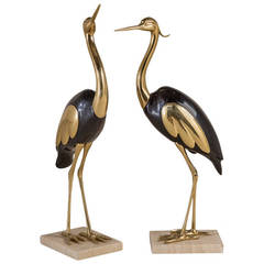 A Pair of Italian Black Lacquer and Bronze Sculptural Birds 1960s
