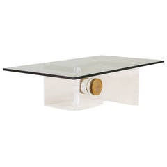 Heavy Lucite and Brass Bolt Detail Coffee Table, 1970s