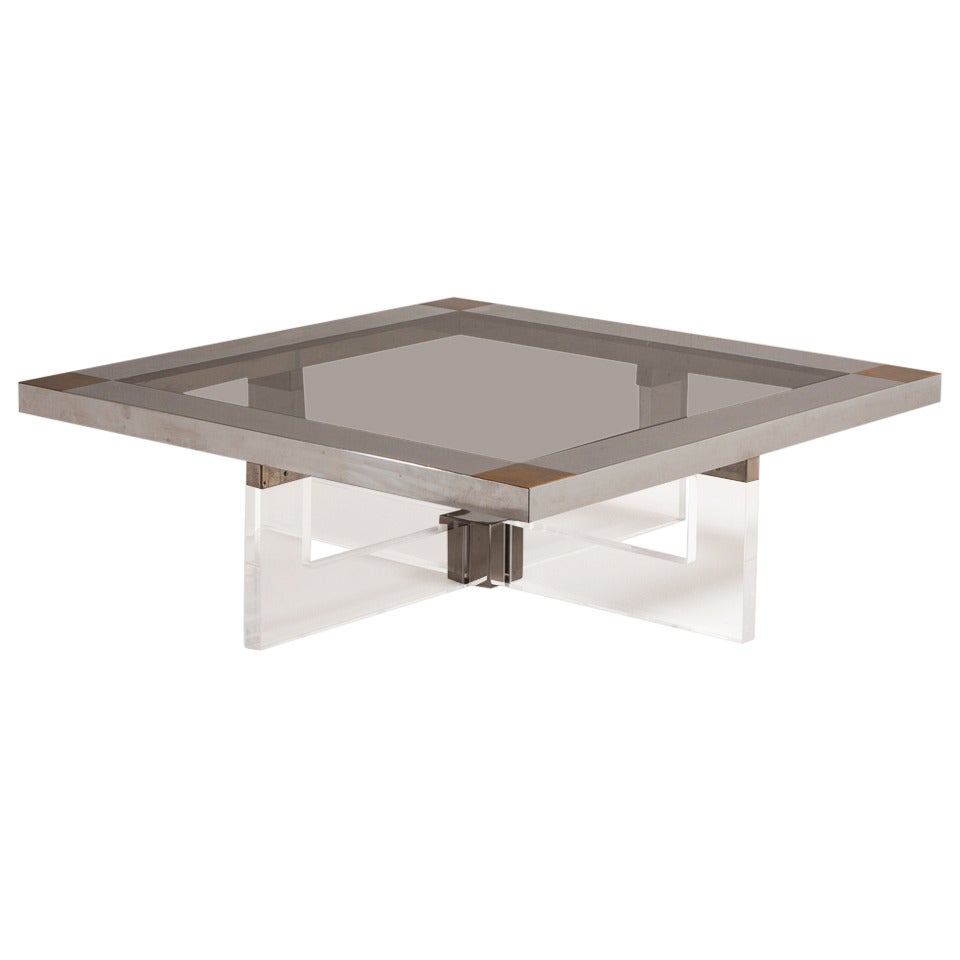 Brass, Chrome and Lucite Coffee Table with Glass Top, 1970s For Sale