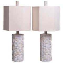 An Unusual Pair of Stone Veneered Column Table Lamps 1970s An Unusual Pair of Stone Veneered Column Table Lamps 1970s