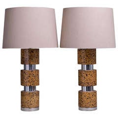 A Pair of Cork Veneered and Chrome Wrapped Table Lamps 1970s