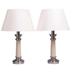 A Pair of Ceramic and Nickel Plated Column Table Lamps 1960s