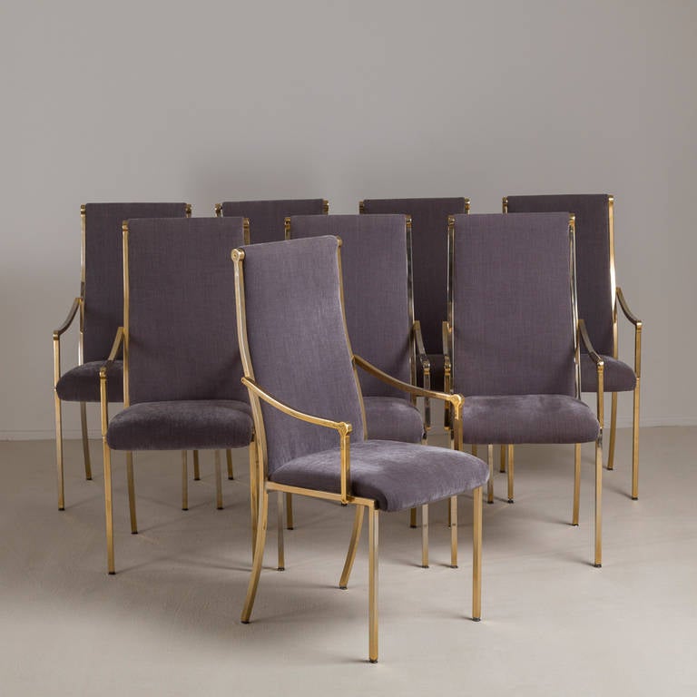 A Set of Eight Unusual Highbacked Polished Brass Dining Chairs 1980s