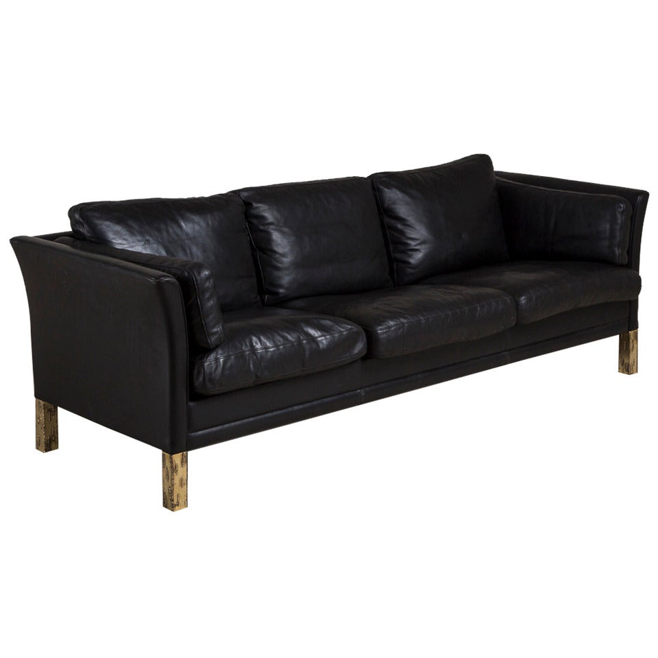 Danish Mogens Hansen Black Leather Upholstered Sofa, 1950s For Sale
