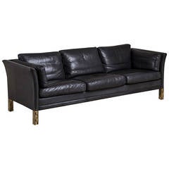 Danish Mogens Hansen Black Leather Upholstered Sofa, 1950s