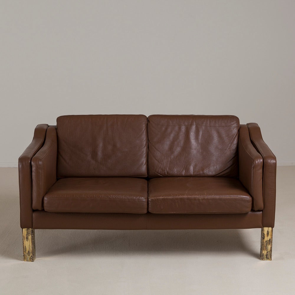 Danish Brown Leather Sofa Attributed to Børge Mogensen, 1950s In Excellent Condition For Sale In London, GB