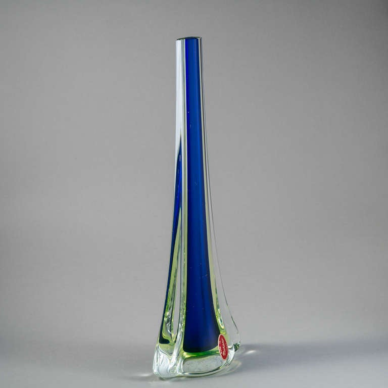 A Sommerso Murano Glass Teardrop Shaped Vase with Clear Glass Casing a Blue and Green Centre Italy 1960s