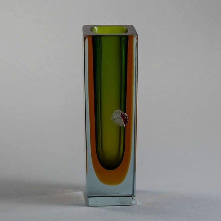 Small Murano Sommerso glass vase with a green and gold centre cased in clear glass Italy, 1950-1960s.