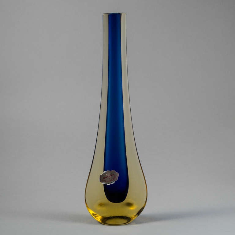A Murano Sommerso Glass Teardrop Shaped Vase Designed by Flavio Poli for Seguso Vetri D'arte with a Dark Blue Centre Cased in Amber Italy c. 1950/60s