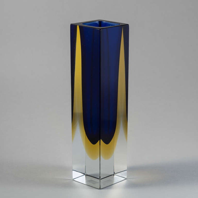 A Murano Sommerso Glass Vase with a Blue and Gold Centre Cased in Clear Glass Italy 1960s