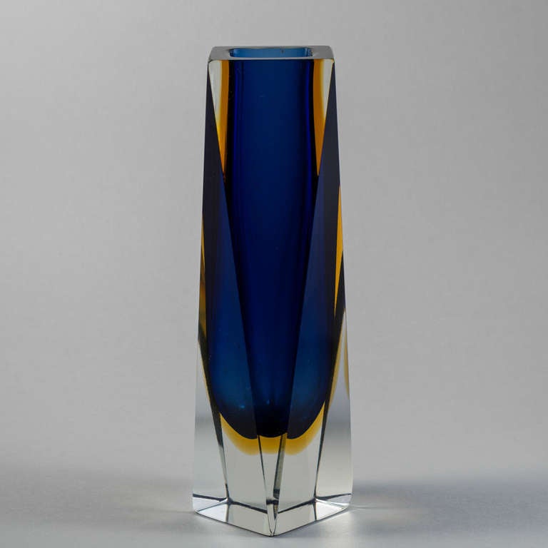 An Angled Rectangular Murano Sommerso Glass Vase with a Cobalt and Gold Centre Cased in Clear Glass
