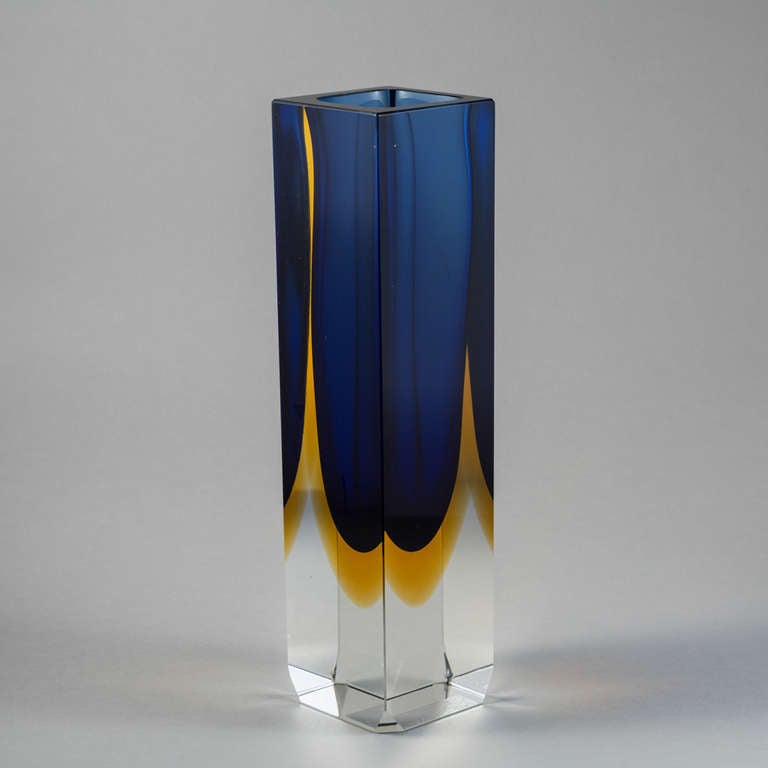 A Large Square Murano Sommerso Glass Vase with a Blue and Gold Centre