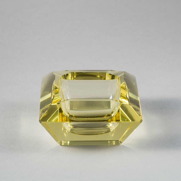 Italian A Small Square Facet Cut Murano Sommerso Ashtray in Lemon Glass Ashtray