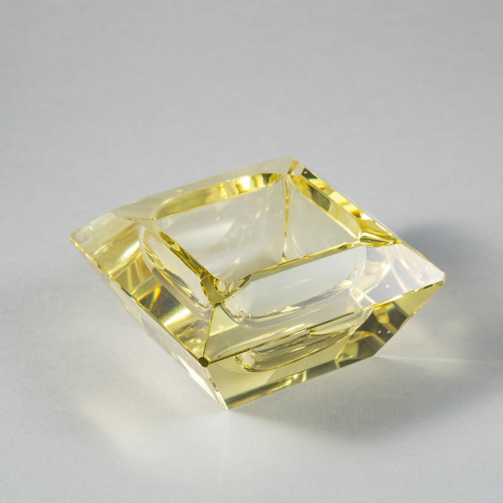 A Small Square Facet Cut Murano Sommerso Ashtray in Lemon Glass Ashtray