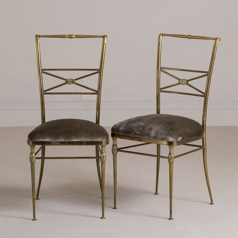 A pair of Italian brass side chairs with brushed velvet upholstery 1960's.