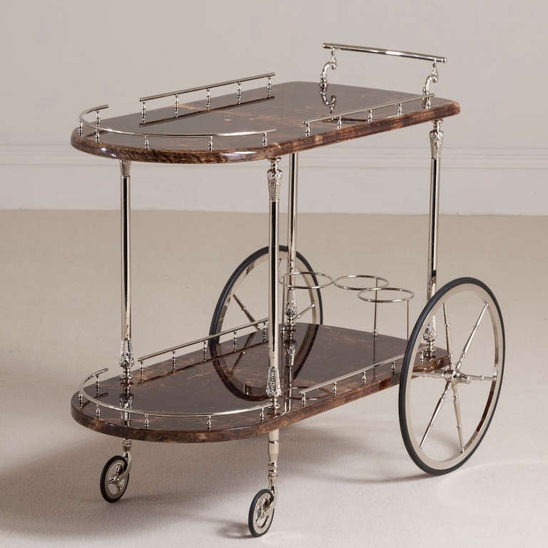 A Brown Lacquered Goatskin Aldo Tura Barcart with Nickel Plated Metalwork 1950s Stamped