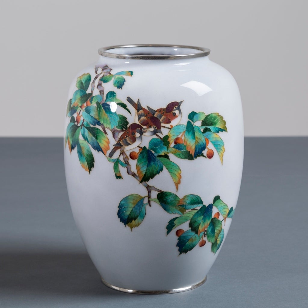 A Japanese Cloisonné enamel vase depicting sparrows on a branch from the Showa period, circa 1950
