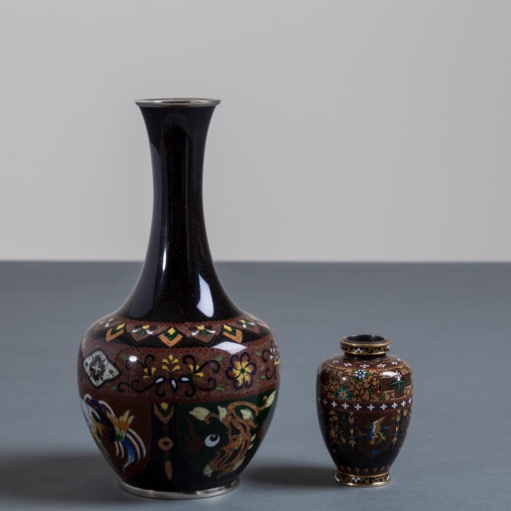 A Japanese Cloisonné black enamel vase by Inaba 1990s with small matching vase 
