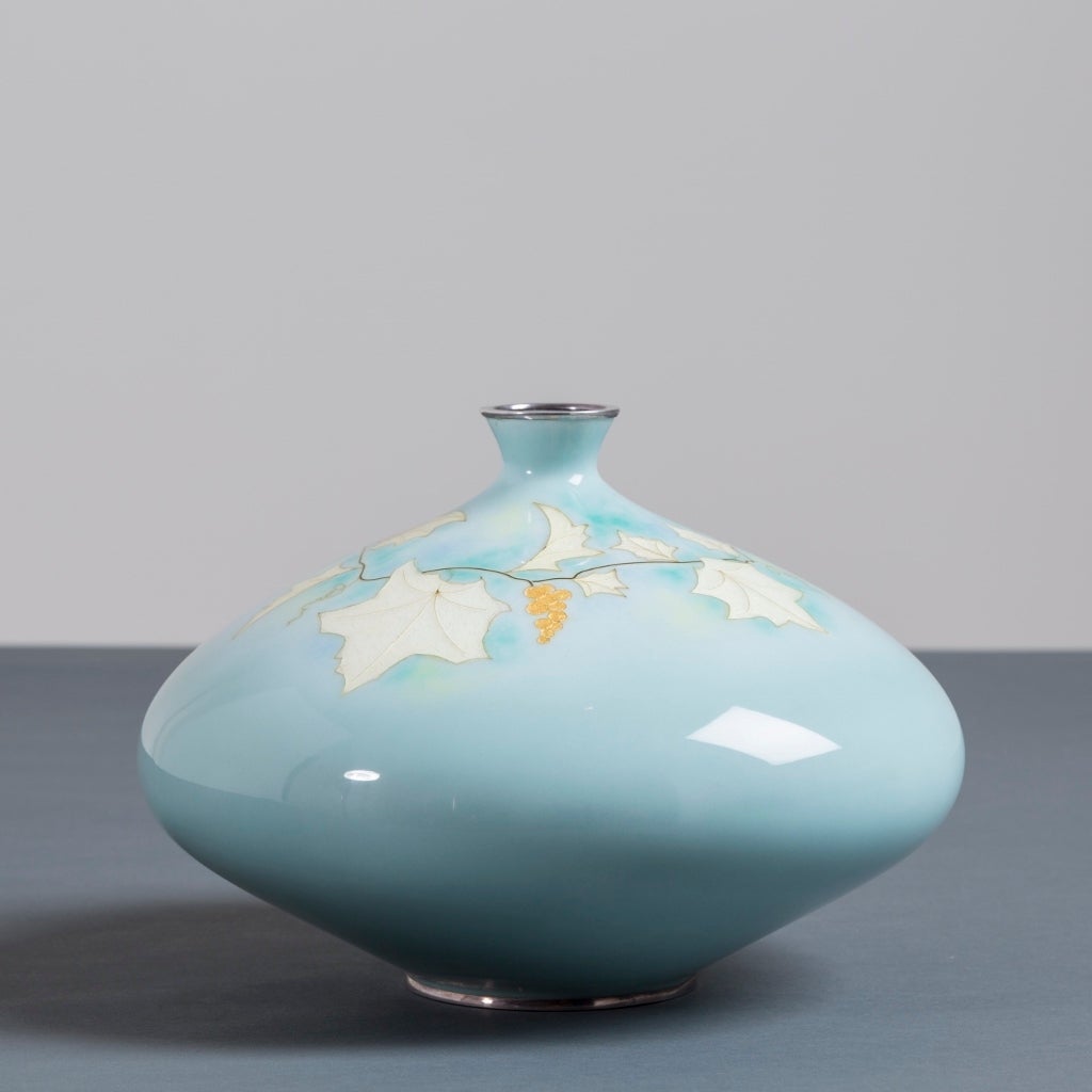 A Japanese Cloisonne´ pale blue enamel vase with Gimbari decoration with original box by Tamura, circa 1950