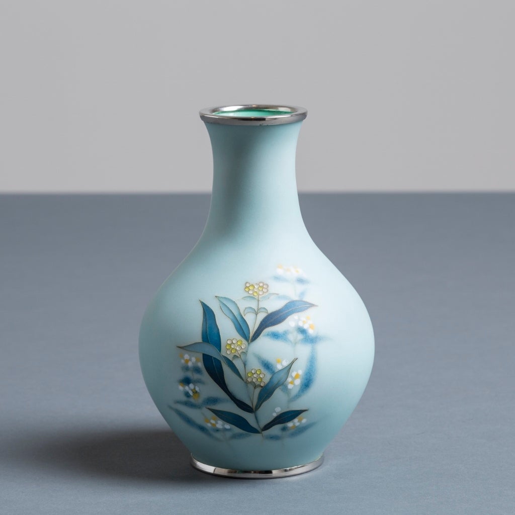 A Japanese Cloisonné pale frosted blue enamel vase by Tamura in Box, circa 1960 (KM027).
