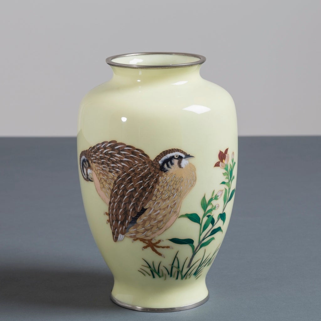 A Japanese cloisonné yellow enamel vase depicting quails, circa 1960 