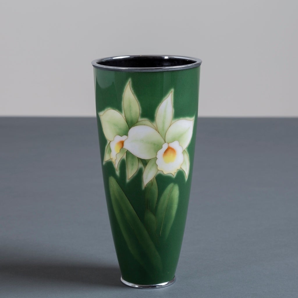 A Japanese Cloisonne´ Green Enamel Vase with Orchids by Ando, circa 1960 from the Late Showa period