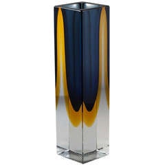 A Heavy Rectangular Murano Sommerso Glass Vase Blue and Gold