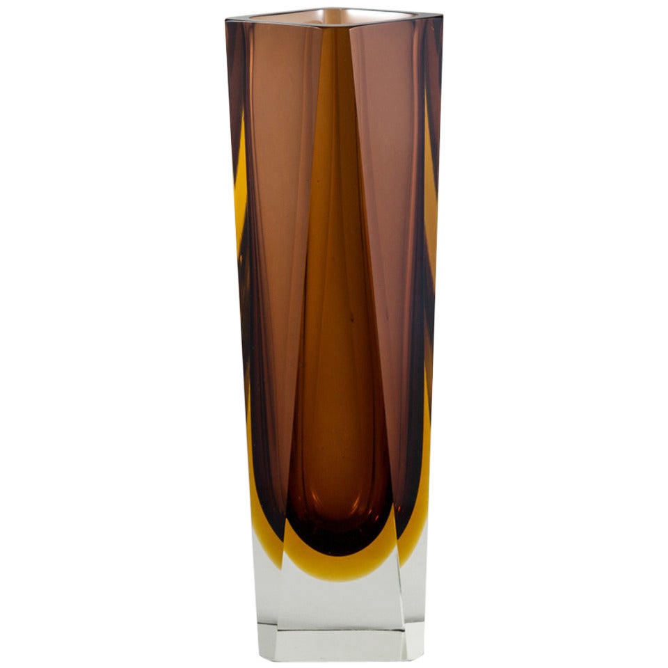 Large rare faceted Murano Sommerso glass vase with a burnt amber and gold centre cased in clear glass.