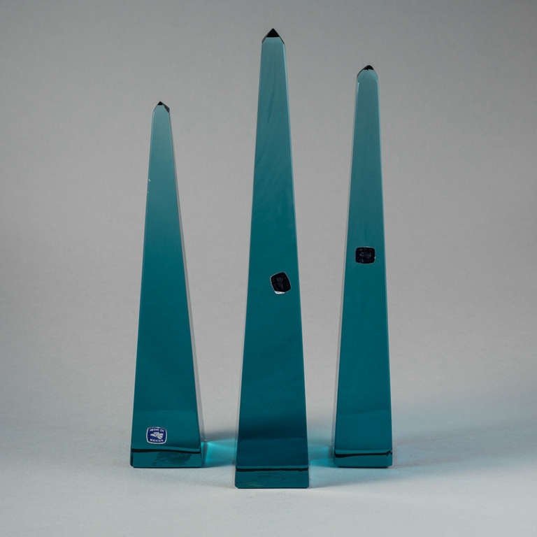 20th Century A Set of Three Teal Blue Glass Obelisks