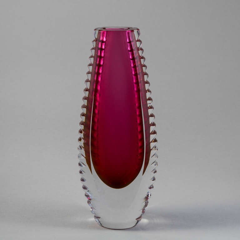 Italian A Heavy Murano Sommerso Glass Vase in Ribbed Pink Vase