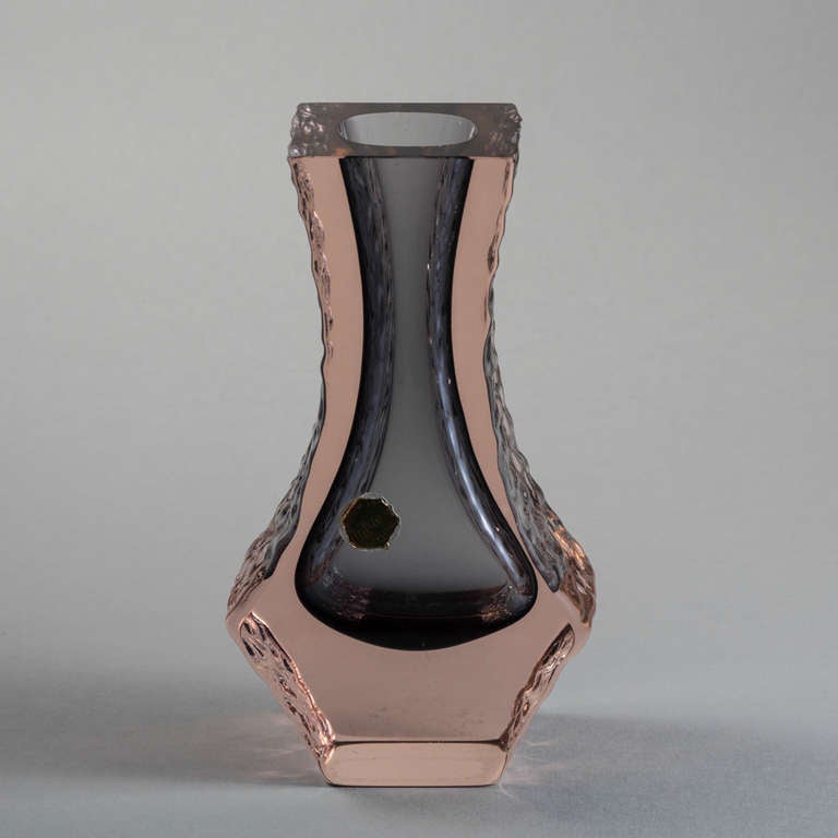 Mandruzzato designed Murano Sommerso glass vase with a charcoal centre cased in rose pink glass with relief detail. Stamped 1960s.