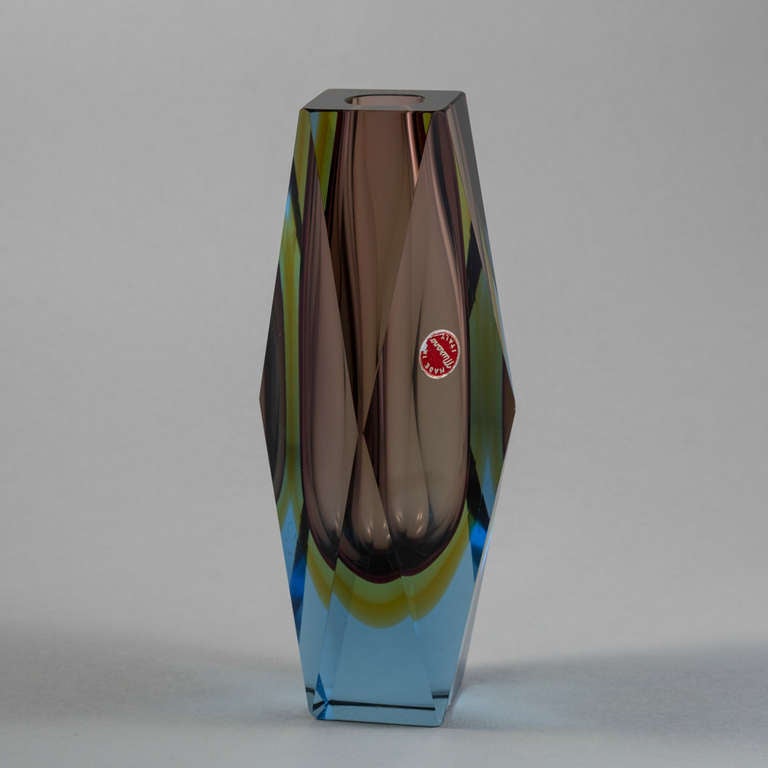 Italian Unusual Faceted Murano Sommerso Glass Vase For Sale